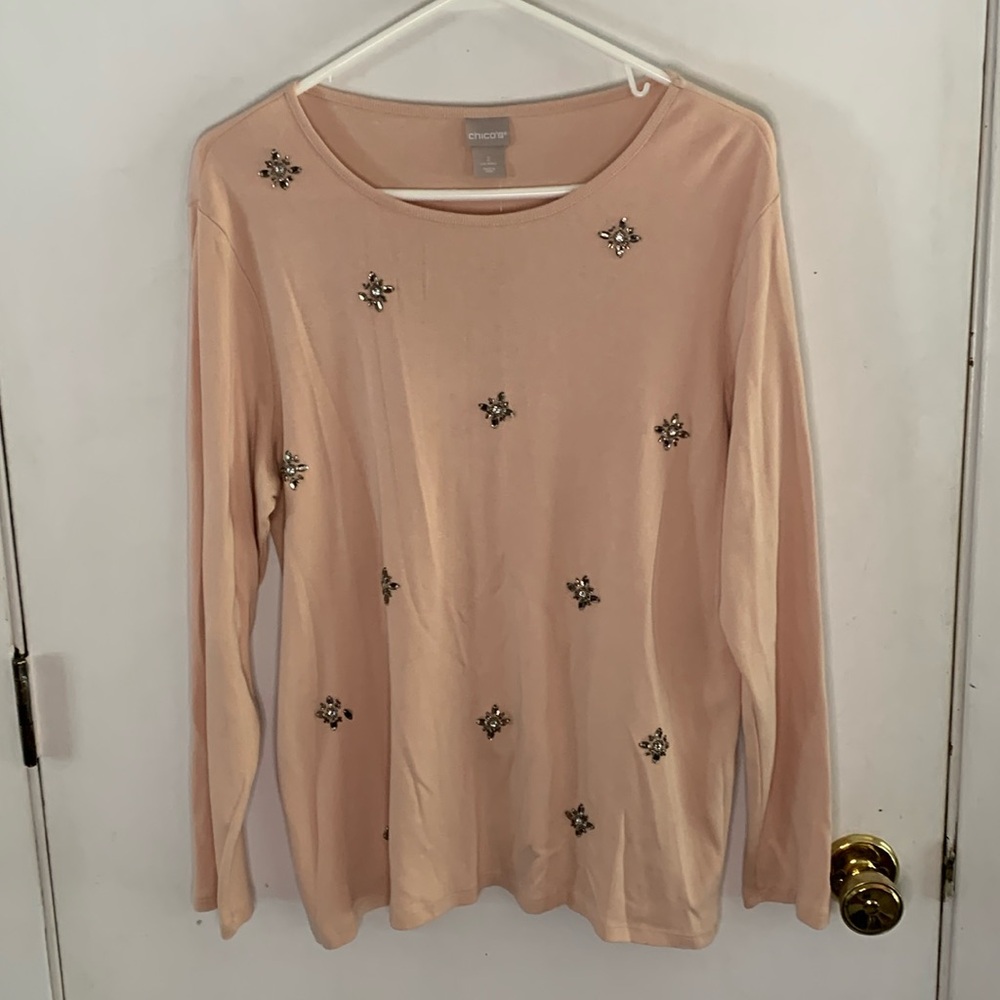 Chico Size 2 pink beige long sleeve knit top with beaded embellishments Size L